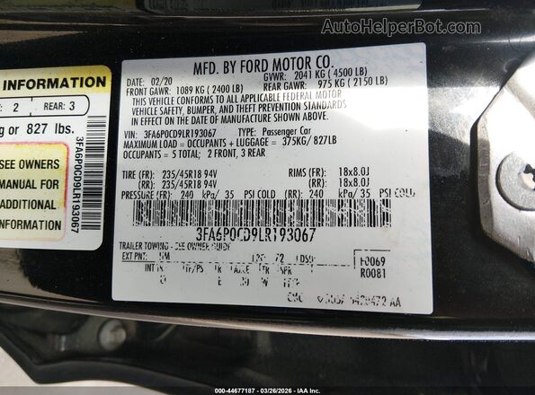 3FA6P0CD9LR193067 2020 FORD FUSION Black Widok komory silnika