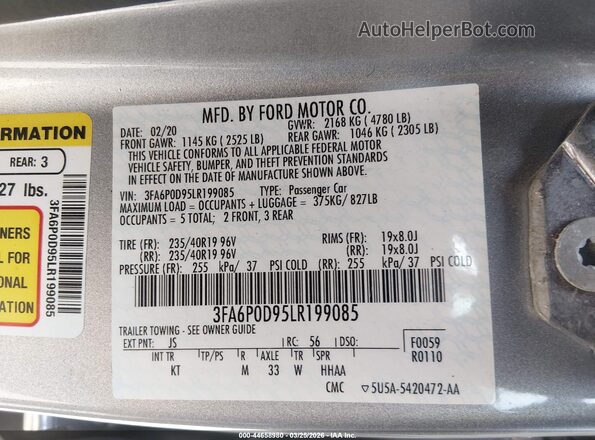 3FA6P0D95LR199085 2020 FORD FUSION Серебряный Вид подкапотного пространства