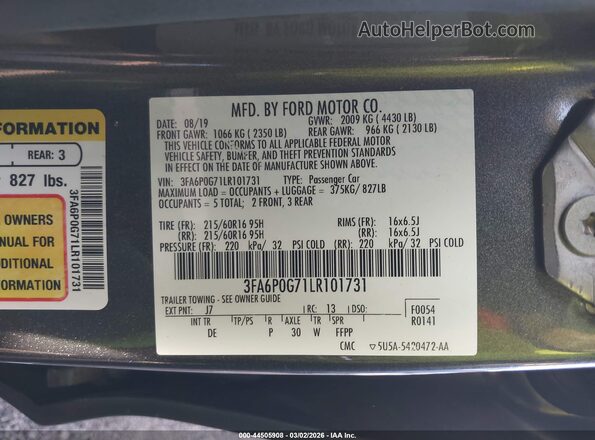 3FA6P0G71LR101731 2020 FORD FUSION Gray Vista del compartimento del motor