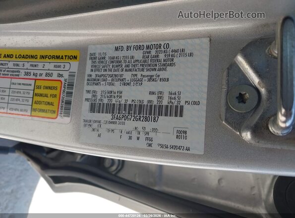 3FA6P0G72GR280187 2016 FORD FUSION Silver Widok komory silnika