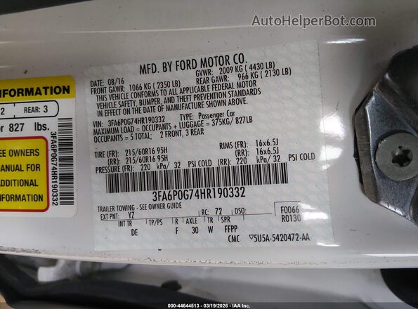 3FA6P0G74HR190332 2017 FORD FUSION White Vista del compartimento del motor