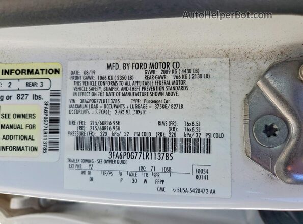 3FA6P0G77LR113785 2020 FORD FUSION White Widok komory silnika