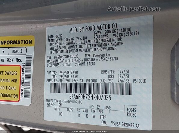3FA6P0H72HR407035 2017 FORD FUSION Champagne Widok komory silnika