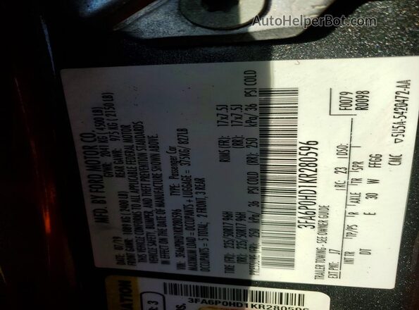 3FA6P0HD1KR280596 2019 FORD FUSION Gray ძრავის განყოფილების ხედი