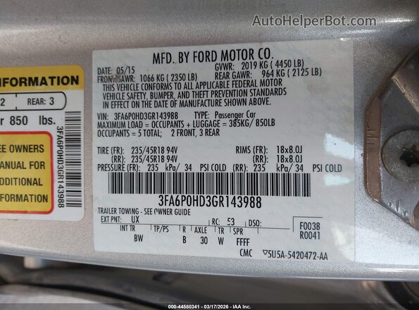 3FA6P0HD3GR143988 2016 FORD FUSION Серебряный Вид подкапотного пространства