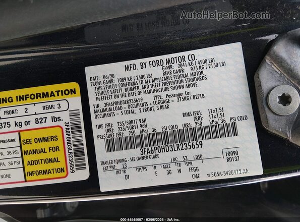 3FA6P0HD3LR235659 2020 FORD FUSION Blue Widok komory silnika