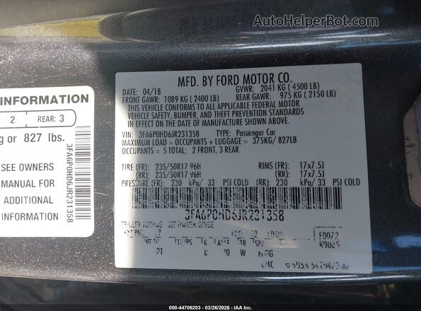 3FA6P0HD6JR231358 2018 FORD FUSION Серый Вид подкапотного пространства
