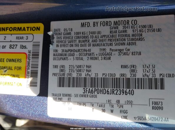 3FA6P0HD6JR239640 2018 FORD FUSION Blue Widok komory silnika