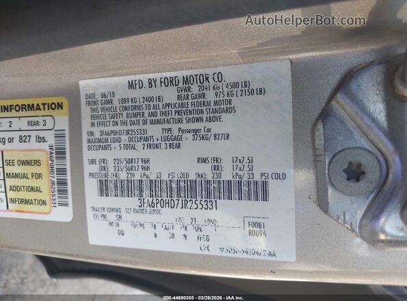 3FA6P0HD7JR255331 2018 FORD FUSION Золотой Вид подкапотного пространства