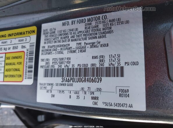3FA6P0LU0GR406039 2016 FORD FUSION HYBRID Серый Вид подкапотного пространства