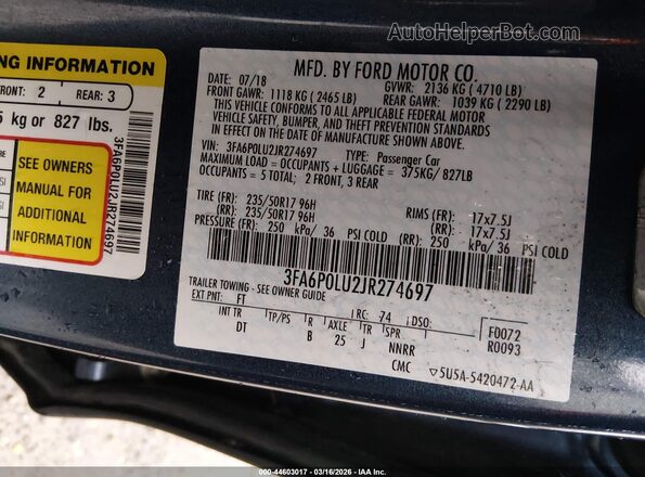 3FA6P0LU2JR274697 2018 FORD FUSION HYBRID Blue Вид підкапотного простору