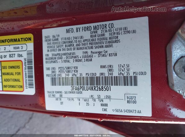 3FA6P0LU4KR268501 2019 FORD FUSION HYBRID Red Engine compartment view