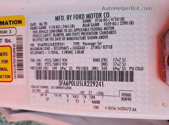 3FA6P0LU5LR229241 2020 FORD FUSION White Vista de la etiqueta del VIN