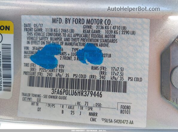 3FA6P0LU6HR379446 2017 FORD FUSION HYBRID Серебряный Вид подкапотного пространства