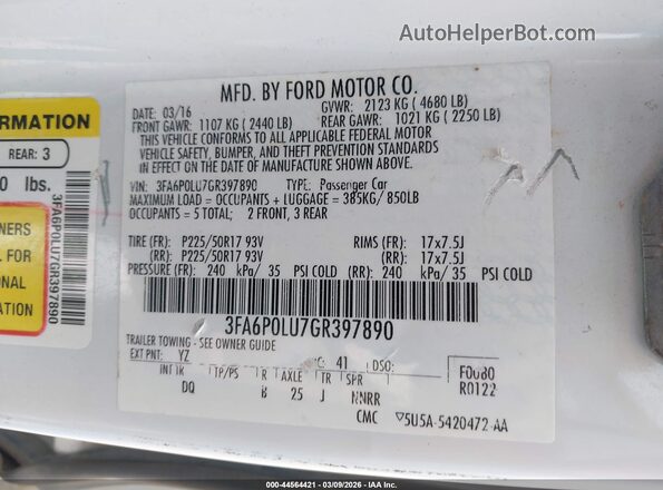 3FA6P0LU7GR397890 2016 FORD FUSION HYBRID White Engine compartment view
