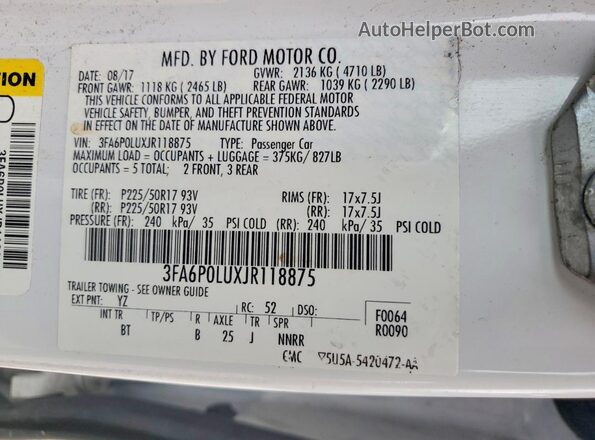 3FA6P0LUXJR118875 2018 FORD FUSION Белый Вид подкапотного пространства