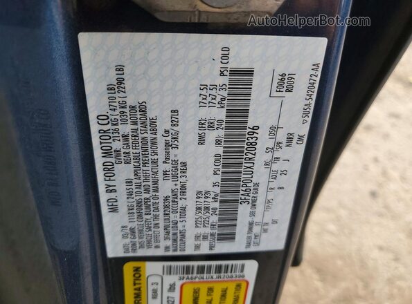 3FA6P0LUXJR208396 2018 FORD FUSION Синий Вид подкапотного пространства