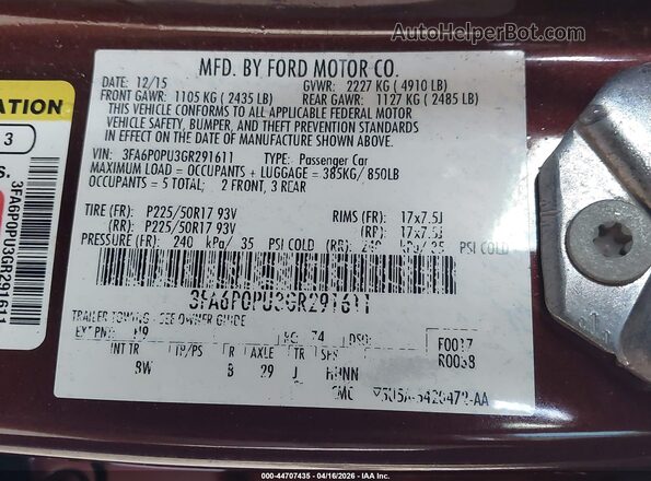 3FA6P0PU3GR291611 2016 FORD FUSION ENERGI Фиолетовый Вид подкапотного пространства