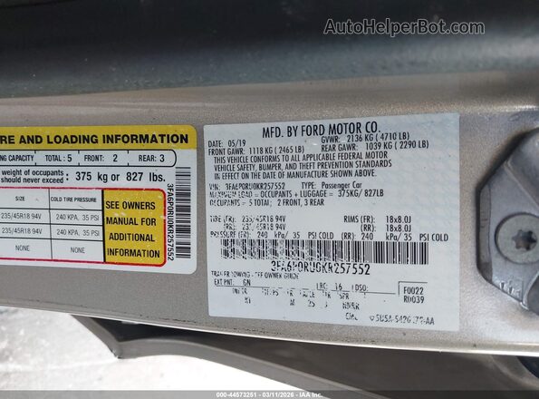 3FA6P0RU0KR257552 2019 FORD FUSION HYBRID Черный Вид подкапотного пространства