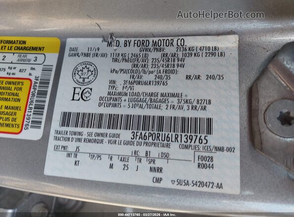 3FA6P0RU6LR139765 2020 FORD FUSION HYBRID Silver Շարժիչի բաժամունքի տեսք