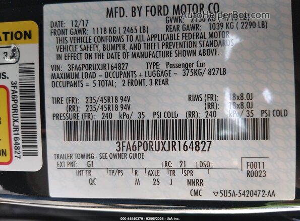 3FA6P0RUXJR164827 2018 FORD FUSION HYBRID Black ძრავის განყოფილების ხედი