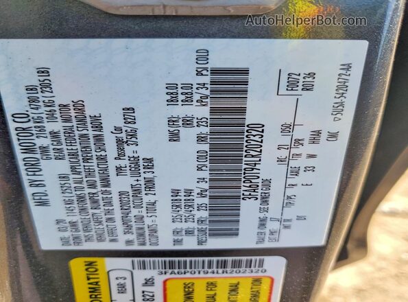 3FA6P0T94LR202320 2020 FORD FUSION Угольный Вид подкапотного пространства
