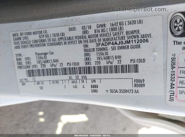 3FADP4AJ0JM112006 2018 FORD FIESTA White ძრავის განყოფილების ხედი