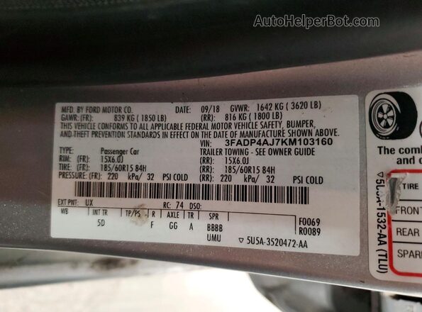 3FADP4AJ7KM103160 2019 FORD FIESTA Silver Widok komory silnika