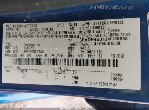 3FADP4BJ1JM138838 2018 FORD FIESTA Синий Вид подкапотного пространства