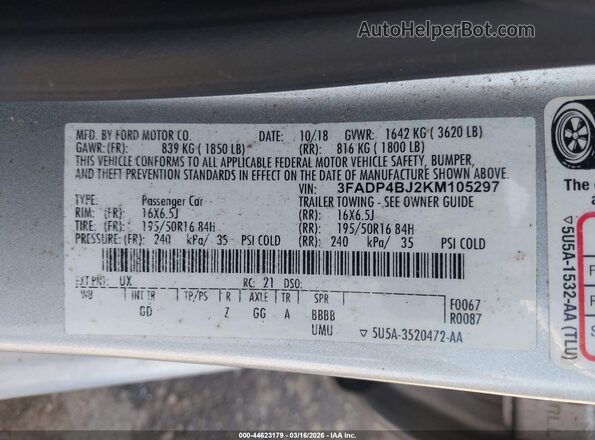 3FADP4BJ2KM105297 2019 FORD FIESTA Silver Widok komory silnika