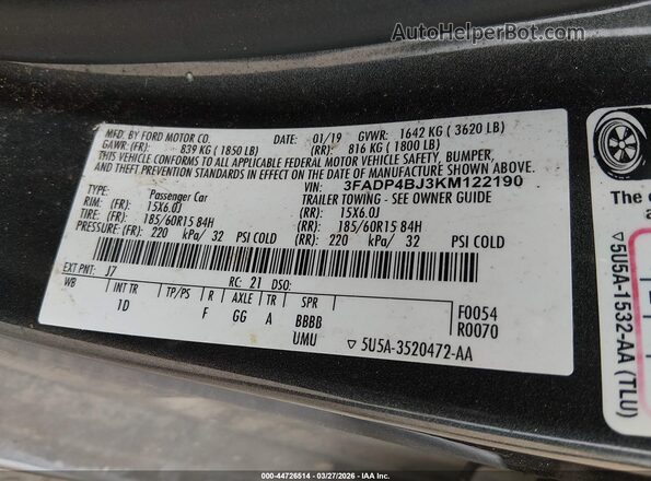 3FADP4BJ3KM122190 2019 FORD FIESTA Серый Вид подкапотного пространства