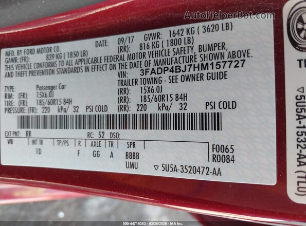 3FADP4BJ7HM157727 2017 FORD FIESTA Красный Вид подкапотного пространства
