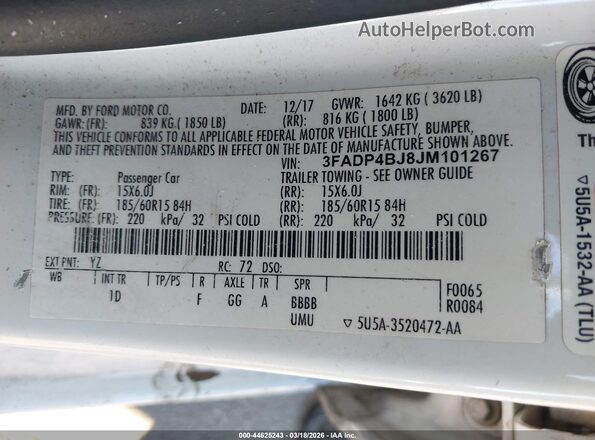 3FADP4BJ8JM101267 2018 FORD FIESTA Белый Вид подкапотного пространства