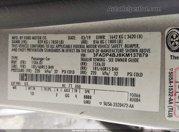 3FADP4BJ8KM137879 2019 FORD FIESTA Silver Вид підкапотного простору