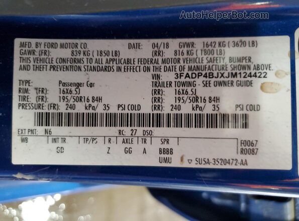 3FADP4BJXJM124422 2018 FORD FIESTA Blue Вид підкапотного простору