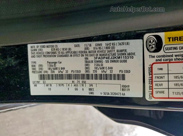 3FADP4EJ2KM115310 2019 FORD FIESTA Black Widok komory silnika