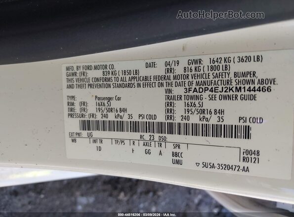 3FADP4EJ2KM144466 2019 FORD FIESTA Белый Вид подкапотного пространства