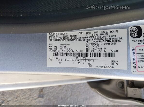 3FADP4EJ3KM138045 2019 FORD FIESTA Серебряный Вид подкапотного пространства
