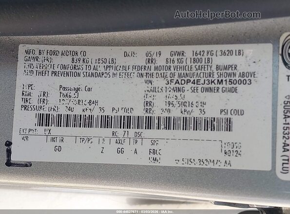 3FADP4EJ3KM150003 2019 FORD FIESTA Silver Vista del compartimento del motor