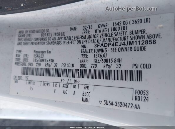 3FADP4EJ4JM112858 2018 FORD FIESTA Белый Вид подкапотного пространства