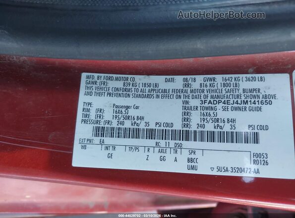 3FADP4EJ4JM141650 2018 FORD FIESTA Бордовый Вид подкапотного пространства