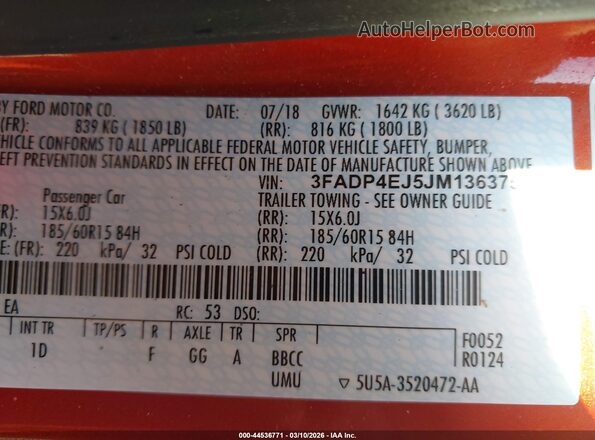 3FADP4EJ5JM136375 2018 FORD FIESTA Красный Вид подкапотного пространства