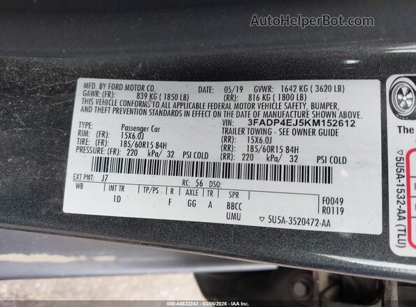 3FADP4EJ5KM152612 2019 FORD FIESTA Gray Շարժիչի բաժամունքի տեսք