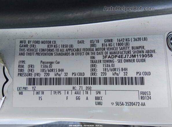 3FADP4EJ7JM119058 2018 FORD FIESTA White Вид підкапотного простору