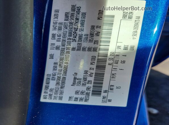 3FADP4EJ7KM114945 2019 FORD FIESTA Blue Вид підкапотного простору