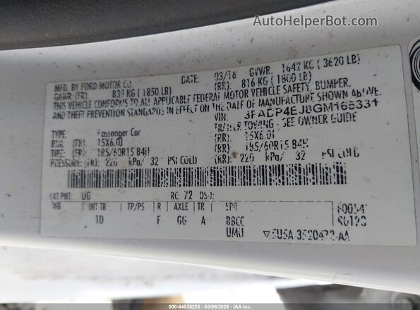 3FADP4EJ8GM165331 2016 FORD FIESTA Белый Вид подкапотного пространства