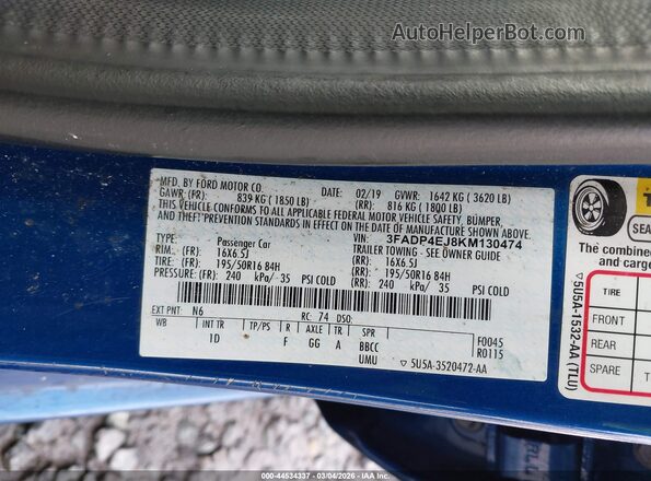 3FADP4EJ8KM130474 2019 FORD FIESTA Blue Vista del compartimento del motor