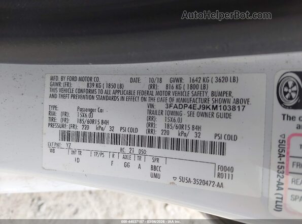 3FADP4EJ9KM103817 2019 FORD FIESTA White Շարժիչի բաժամունքի տեսք