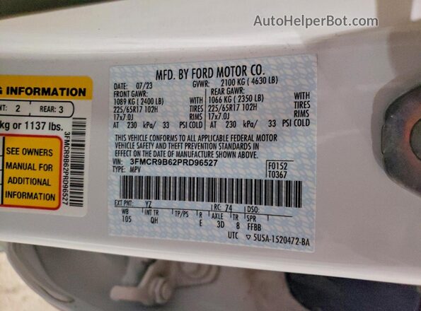 3FMCR9B62PRD96527 2023 FORD BRONCO White Widok naklejki z numerem VIN