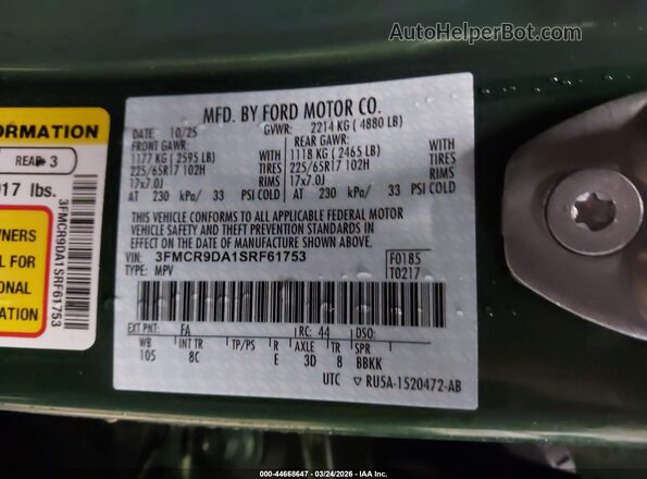 3FMCR9DA1SRF61753 2025 FORD BRONCO SPORT Green Widok komory silnika
